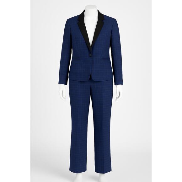 Le Suit Set 2 Pc Womens 8 Blue Windowpane Plaid Blazer Jacket Trousers Tags - Picture 1 of 10